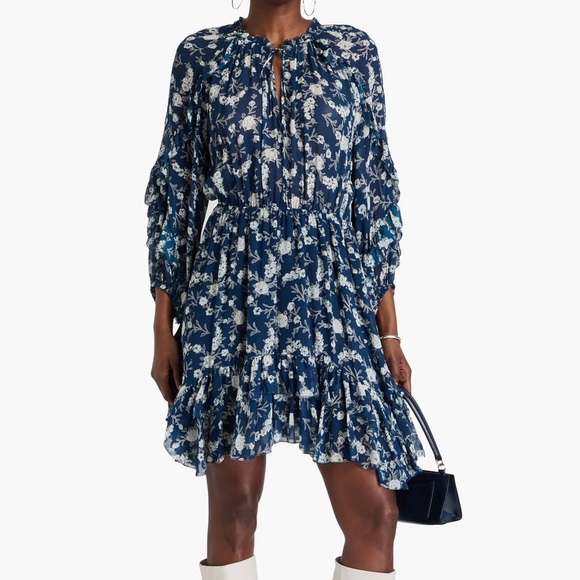 NEW NWT ULLA JOHNSON Alissa Georgette Ruffle Floral Chiffon Long Sleeve Dress